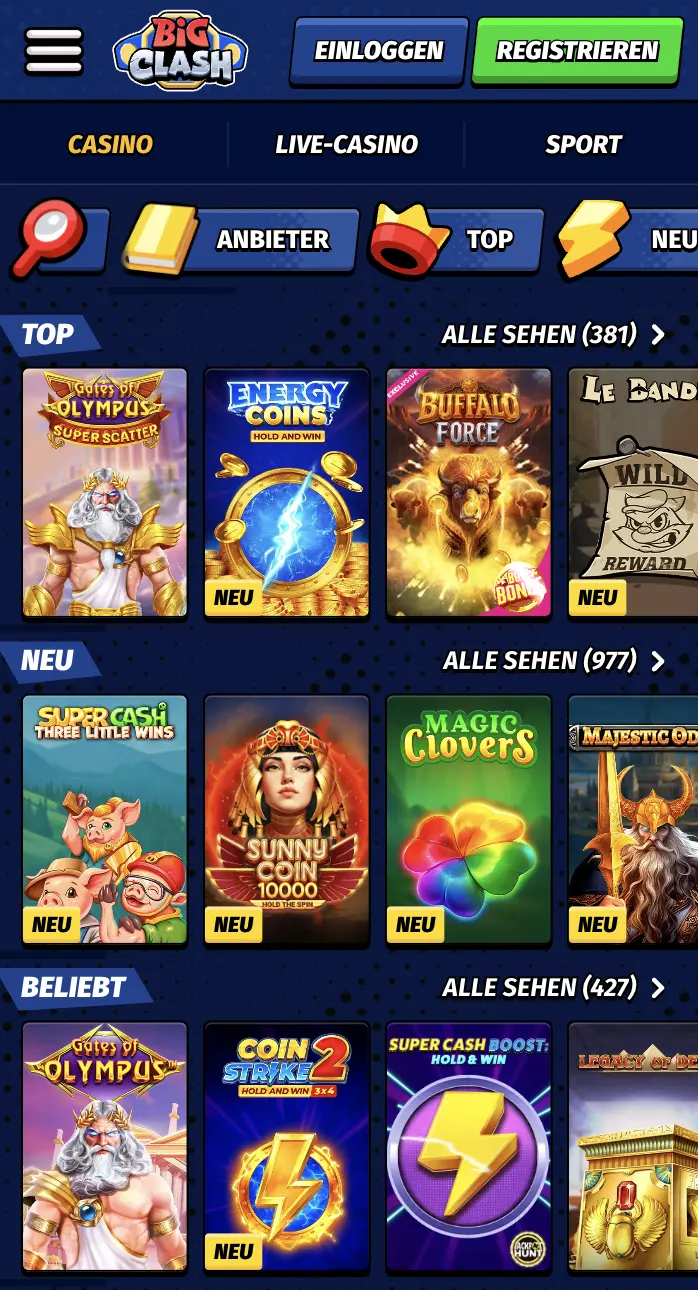BigClash Casino Spieleübersicht mit beliebten Slots und neuen Spielen BigClash Casino Übersicht mit Spielautomaten wie Gates of Olympus, Energy Coins, Buffalo Force und weiteren Spielen